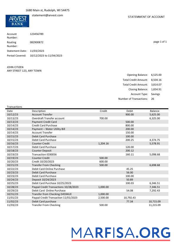 Realistic USA Arvest bank statement word download for verification